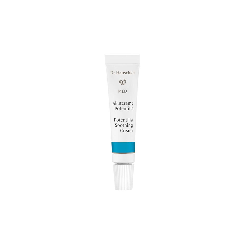 Weiße Tube mit blauer Kappe, beschriftet mit "Akutcreme Potentilla".